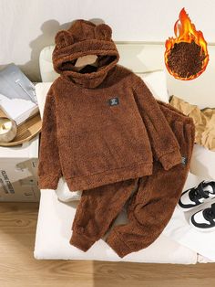 2pcs Kids Young Boys Casual Comfy Bear Ear Badge Hoodie & Pants Set, Fleece Lined, Suitable For Commuting, School, Home, Casual, Party & Outdoor Play Khaki Cute  Long Sleeve Knitted Fabric Animal,Letter  Slight Stretch  Young Boys Clothing, size features are:Bust: ,Length: ,Sleeve Length: Winter Loungewear Sets, Hooded Cotton Sets For Winter, Hooded Solid Color Sets For Fall, Hooded Solid Sets For Fall, Cotton Hooded Winter Sets, Long Sleeve Fleece Sets For Fall, Winter Cotton Hooded Sets, Casual Brown Winter Sets, Hooded Solid Color Loungewear Sets