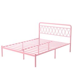 a pink metal bed frame with diamond design on the headboard and foot board, against a white background