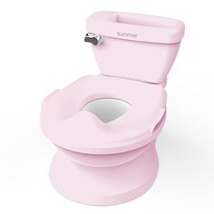 a pink toilet sitting on top of a white floor