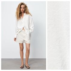 Nwt. Zara White Modal Blend Loose Shirt With Lapel Collar, Long Sleeves And Cuffs, Pleats At The Back, Side Slits On The Bottom, Button Closure On The Front. Size Xs. Ref. 3067/022. Pit To Pit 24,5" Flat, Shoulders 21", Sleeves 20,5", Length 30,5". 1064 Chic Summer Cotton Shirt, Summer Relaxed Fit Blouse With Shirttail Hem, Relaxed Fit Blouse With Shirttail Hem For Summer, Chic Short Linen Tops, White Linen Blouse With Shirttail Hem, Casual Short Blouse For Day Out, Summer Blouse With Relaxed Fit And Shirttail Hem, White Shirttail Hem Top For Spring, Spring Short Blouse