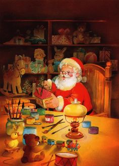 a painting of santa claus sitting at a table with toys and other items on it