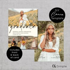 two graduation announcement cards with the words graduate and an image of a woman in a white dress