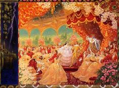 a painting of people dressed in yellow and orange are sitting on a stage with an elaborate canopy