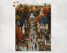 a painting of people walking down a street in the fall