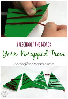 an image of a hand holding yarn wrapped trees with text overlay that reads preschool fine motor yarn - wrapped trees