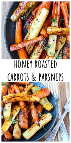 honey roasted carrots and parsnips on a plate with the title above it