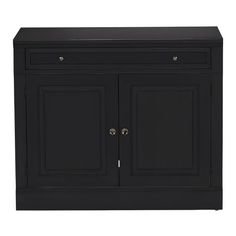 a black cabinet with two doors and drawers