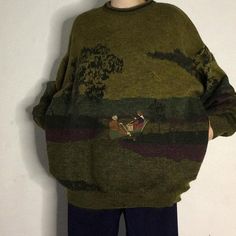 This grandma aesthetic sweater featuring an embroidered scene of two fisherman in a boat. Earthy green tones and detailed stitching give it a rustic, vintage appeal Size:• S: Bust: 114cm/ 44.9 in, Length: 69cm/ 27.2 in, Sleeves: 72cm/ 28.3 in• M: Bust: 118cm/ 46.5 in, Length: 70cm/ 27.6 in, Sleeves: 74cm/ 29.1 in• L: Bust: 122cm/ 48.0 in, Length: 71cm/ 27.9 in, Sleeves: 76cm/ 29.9 inMaterial: Acrylic Embroidered Vintage Knit Sweater, Vintage Embroidered Knit Sweater, Vintage Green Oversized Sweater, Vintage Embroidered Crew Neck Sweater, Vintage Embroidered Fall Sweater, Vintage Green Knit Sweater, Vintage Green Knit Tops, Vintage Embroidered Sweater For Winter, Y2k Aesthetic Clothes