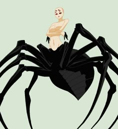 a woman in a black dress sitting on top of a giant spider