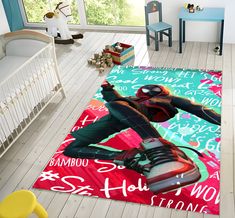 a child's room with a spiderman rug on the floor