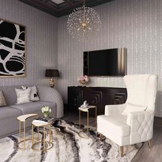 a living room filled with furniture and a chandelier