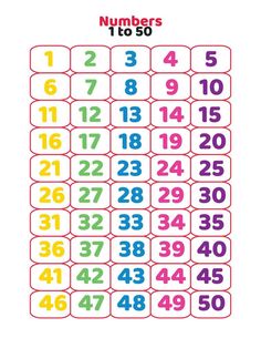 the numbers to 50 poster is shown in multicolored letters and numbers on a white background