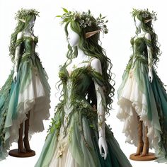 Royal Fairy Dress, Forest Dress Drawing, Mythical Dresses Fantasy Fairytale, Elves Halloween Costume, Fairytale Green Wedding Dress, High Fae Costume, Fae Ballgown, Summer Fairy Outfits