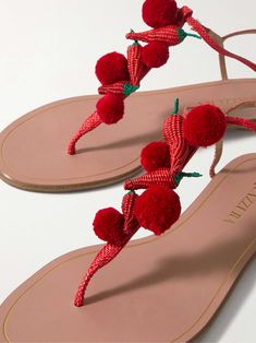 AQUAZZURA Chilli embellished raffia sandals Summer Pedicure, Raffia Sandals, Aquazzura Shoes, Crochet Sandals, Embellished Shoes, Red Sandals, Brown Leather Sandals, Raffia Bag, Fine Watches