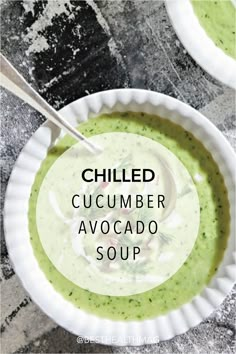 chilled cucumber avocado soup in a white bowl