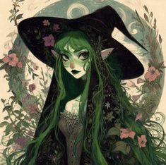 a woman with green hair wearing a witches hat