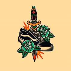 a pair of sneakers with flowers on the bottom and a tattoo style design above them