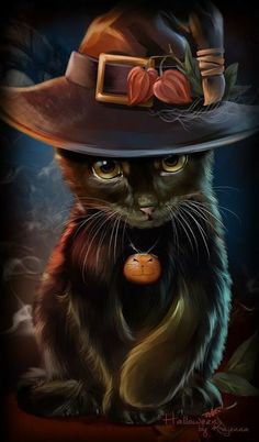 a painting of a black cat wearing a witches hat with pumpkins on it's head