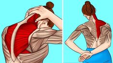 two pictures of a woman holding her back