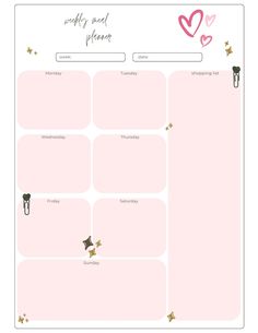 a pink weekly planner with hearts and stars on the side, in front of a white background