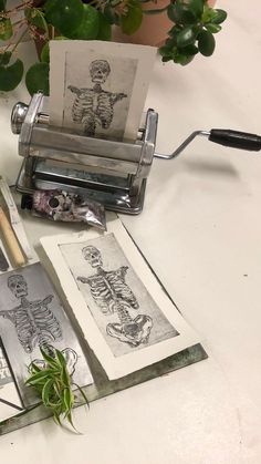 a table topped with lots of different types of paper and art supplies next to a potted plant