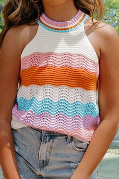 Color Block Round Neck Knit... Sleeveless Kimono, Grecian Style, Denim Fashion Women, Curvy Shorts, Glam Outfit, Curvy Swimwear, Block Pattern, Knitted Tank Top, Knit Vest