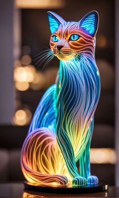 a colorful cat statue sitting on top of a table