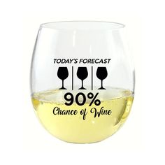 a wine glass filled with white wine and the words today's forecast 90 % chance of wine