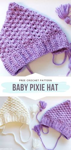 the crochet baby pixie hat is shown in two different colors and sizes