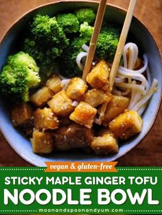 Who doesn't love a warm winter dish? Try this Sticky Maple Ginger Tofu Noodle Bowl (Vegan, Gluten-Free), the best comfort food recipe! With steamed broccoli, rice noodles, and broccoli florets, it's easy to make and nutritious. Enjoy! Broccoli Rice Noodles, Tofu Noodle Bowl, Noodles And Broccoli, Ginger Tofu, Tofu Noodles, Winter Dishes