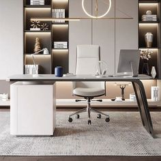 an office with a desk, chair and bookcase on the wall is featured in proqf magazine