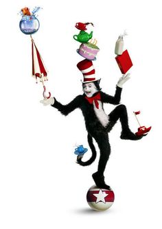 a cat in the hat balancing on top of a ball with balloons and other items