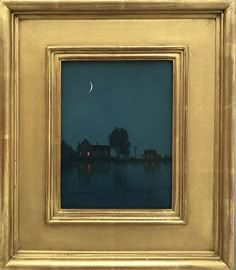 an oil painting of a house on the water at night with a half moon in the sky