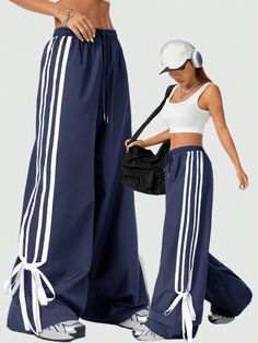 Women's Velvet Back To School Palazzo Drawstring Side Stripes Fashionable Edge Collision And Bow Ties Pants Navy Blue Casual   Polyester Colorblock,Striped Wide Leg Non-Stretch  Women Clothing, size features are:Bust: ,Length: ,Sleeve Length: Different Types Of Sweatpants, Parachute Pants Street Style, Long T Shirt Outfit, Quilt Pants, Sporty Clothes, Sports Clothes Fashion, Woman Streetwear, Colorful Pants, Sporty Fashion