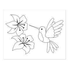 a black and white drawing of a hummingbird with flowers