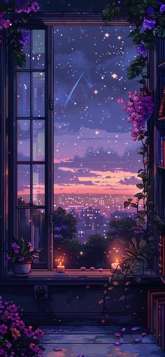 an open window looking out at the night sky and stars in the sky with purple flowers