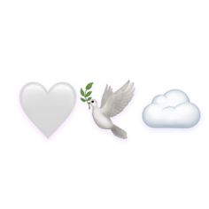 two white doves flying next to a heart shaped cloud and green sprout