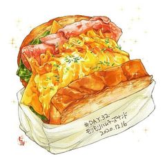 a drawing of a sandwich with meat and cheese on it's wrapper, done in watercolor