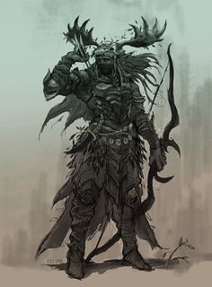 a drawing of a demon with horns and wings on it's head, standing in front of a foggy background