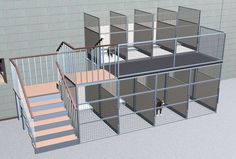 a 3d rendering of a house with stairs and caged in area