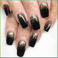 Black & Gold Nails Black Nails With Gold Sparkles, Gold Black Nails Ideas, Black With Gold Sparkle Nails, Black And Gold Shellac Nails, Gold And Black Ombre Nails, Black And Gold French Tip Nails Short, Black Snd Gold Acrylic Nails, Gold And Black Gel Nails, Nails Inspiration Black And Gold