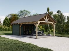 a small wooden pavilion in the middle of a field