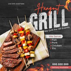 an advertisement for a grill restaurant with meat and vegetables on skewers