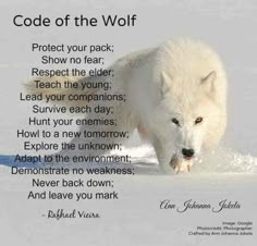 an image of a white wolf with the words code of the wolf on it's face