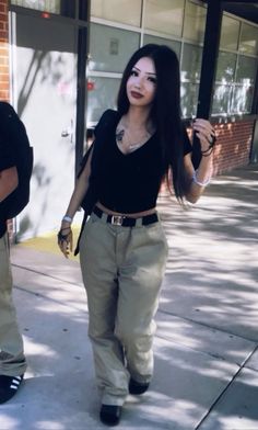 90s fashion old school outfits chola outfits dickies pants creds// @cacag1rll 90s Fashion Outfits Chicana, Emo Chicana Outfits, Y2k Chicana Outfits, Outfit Ideas Chicana, Chola Inspired Outfit, Dark Latina Aesthetic, Chola Outfits For School, 90s Chicana Outfits, How To Style Dickies