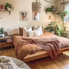 a bed sitting in a bedroom next to a window filled with lots of potted plants