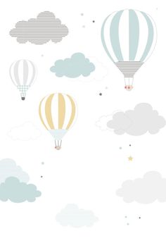 hot air balloons flying in the sky with stars and clouds around them on a white background