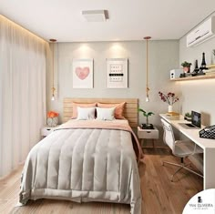 a bedroom with a bed, desk and shelves on either side of the bed are two framed pictures