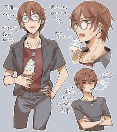 an anime character with glasses holding a drink and looking at the camera while wearing another person's shirt