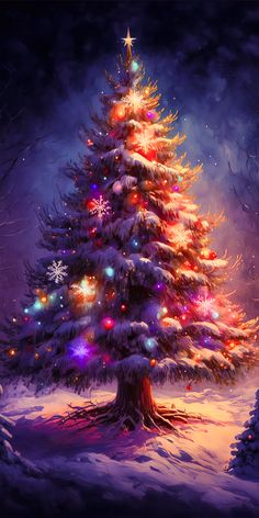 a painting of a christmas tree in the snow with lights on it's branches